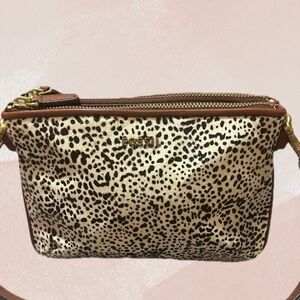 Fossil Leopard Print Cow Hide Fur Leather Double Zip Satchel Bag